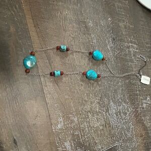 Diversity Faux Turquoise Lucite Long Chain Necklace Silver‎ Tone Boho 30 Inch